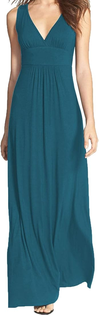 WOOSEA Women Sleeveless Deep V Neck Loose Plain Long Maxi Casual Dress | Amazon (US)
