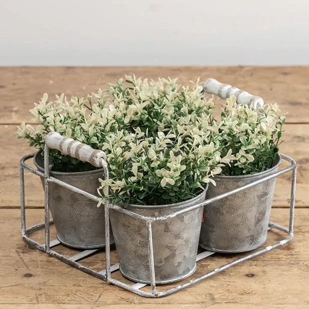 Four Pot Whitewash Metal Planter With Handles | Antique Farm House