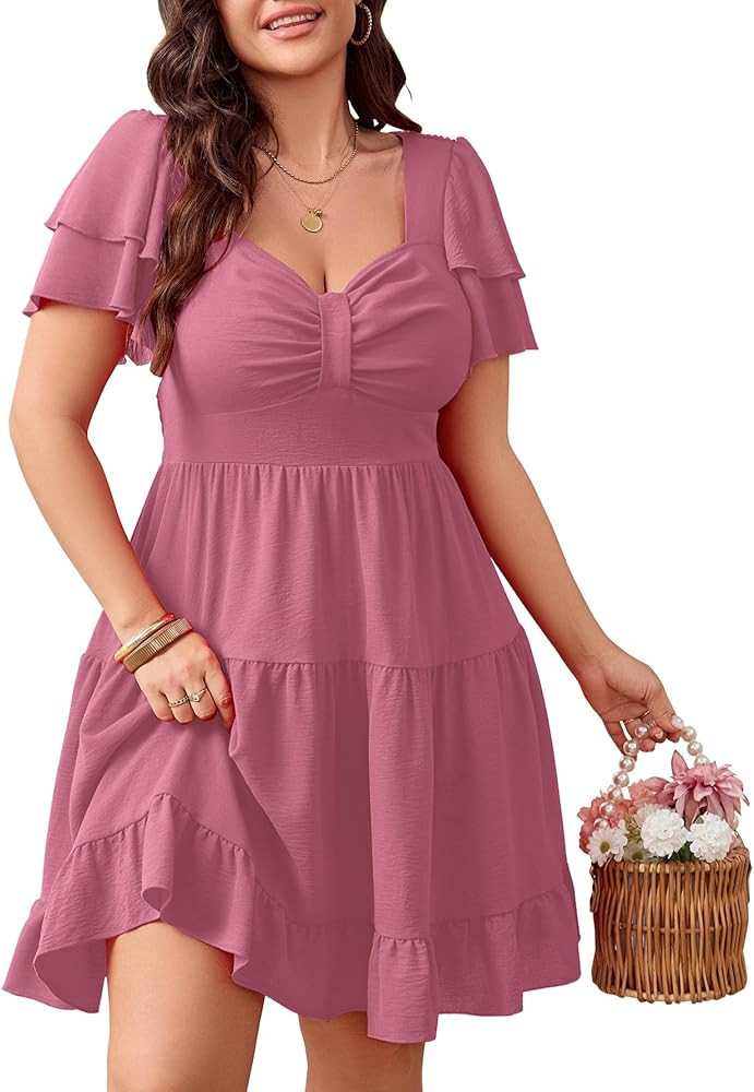SCOMCHIC Women's Plus Size Summer Dresses Short Sleeve Sweetheart Neckline A Line Cocktail Boho C... | Amazon (US)