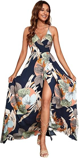 SheIn Women's Tropical Print Wrap Belted Maxi Dress V Neck Sleeveless Flowy Long Dresses | Amazon (US)