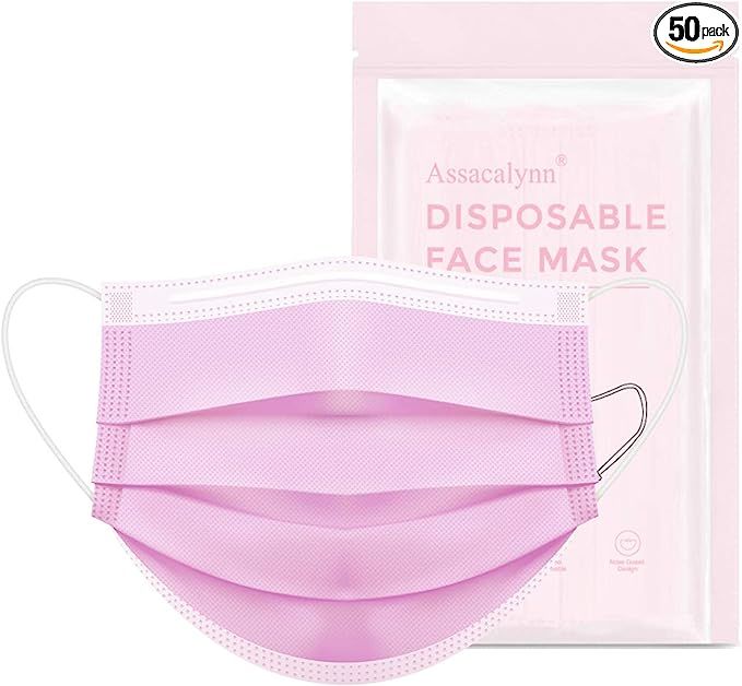 Assacalynn Pink Face Mask Disposable 50 pcs, Light Pink Face Masks for Women, Breathable 3 Layer ... | Amazon (US)