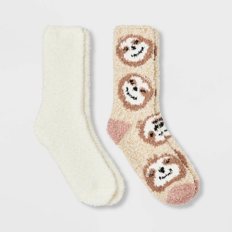 Women's 2pk Sloth Cozy Crew Socks - Oatmeal/Ivory 4-10 | Target