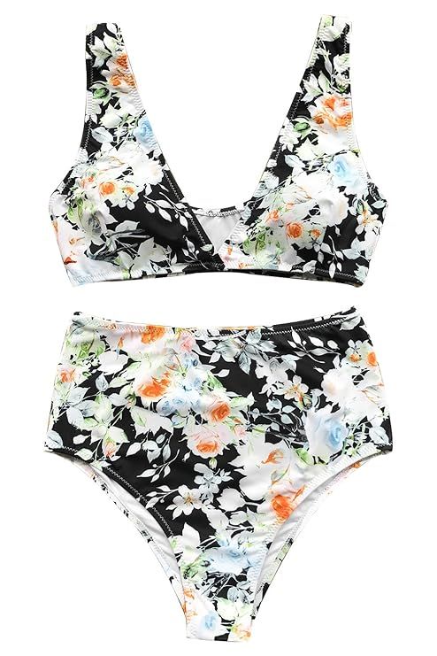 CUPSHE Women's High Waisted Push Up Bikini Set Mist and Noct Print Swimwear | Amazon (US)