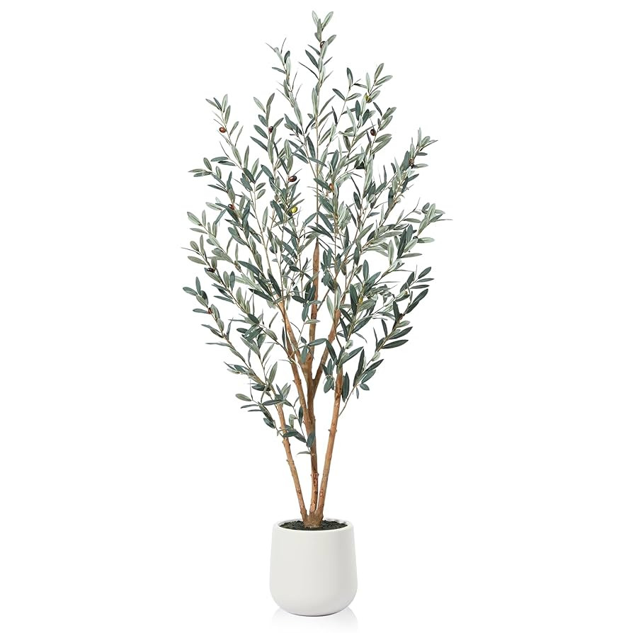 Faux Olive Tree, 6ft Tall Olive Trees Artificial for Indoor with Natural Wood Trunk and White Cer... | Amazon (US)