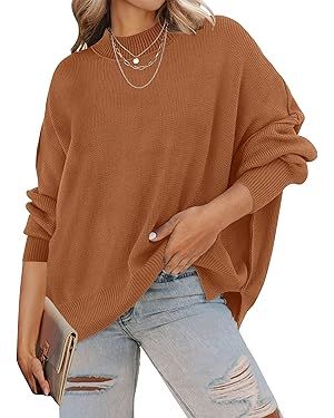 ZESICA Women's 2024 Fall Casual Long Sleeve Crew Neck Side Slit Oversized Ribbed Knit Pullover Sw... | Amazon (US)