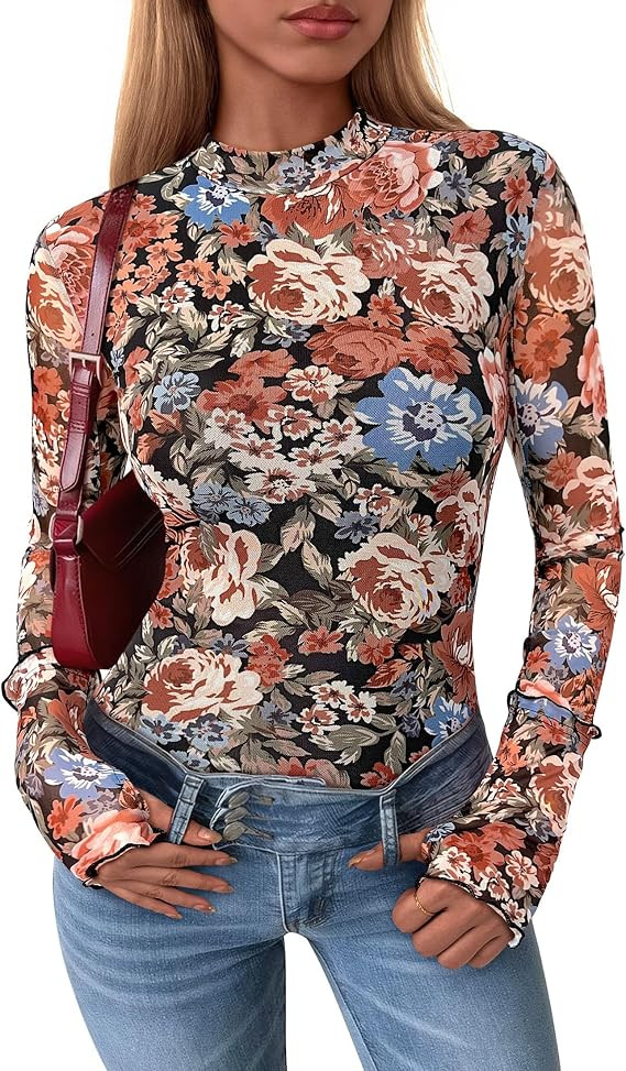 PRETTYGARDEN Womens Floral Mesh Long Sleeve Tops Fall Slim Fitted Shirts | Going Out Tops, Mock N... | Amazon (US)