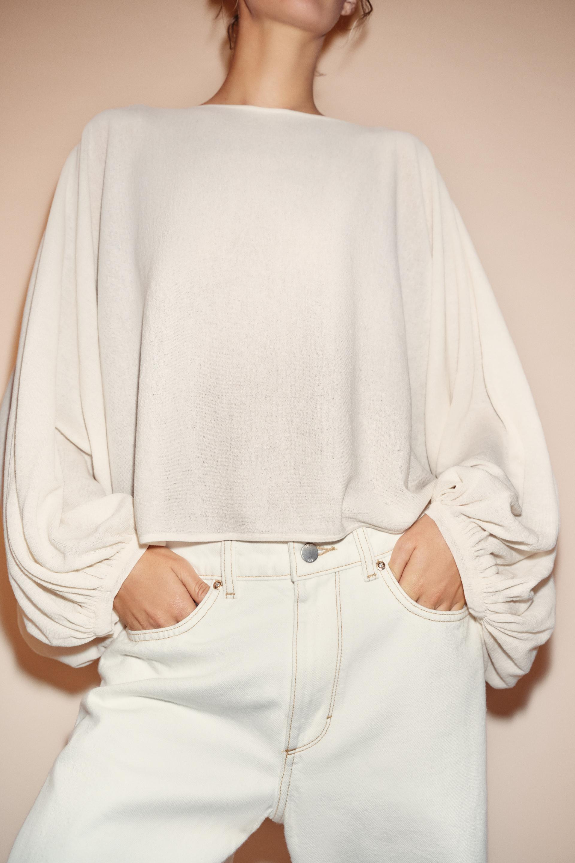 Zara - Knit Top With Volume Sleeves - Mid-Ecru - M - Woman | Zara US