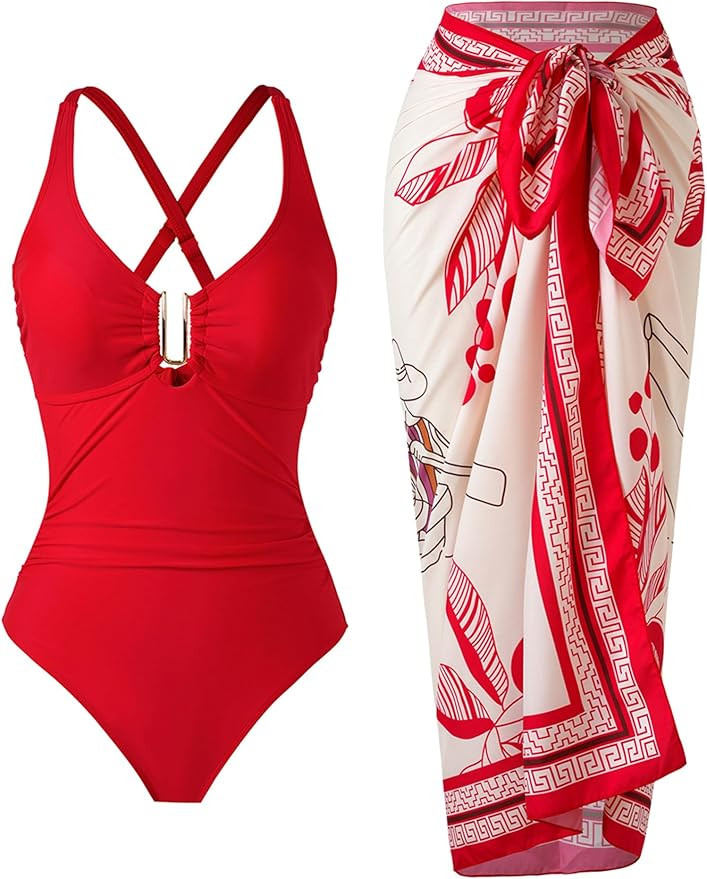 One Piece Swimsuit Women with Cover Up Set Retro Bathing Suit for Women Tummy Control Beach Wrap ... | Amazon (US)