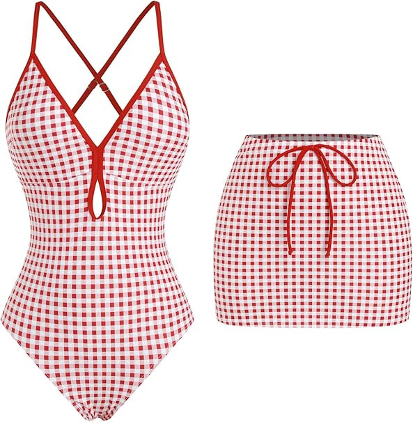 ZAFUL Women's One Piece Swimsuit with Skirt V Neck Plaid Bikini Front Cut Out Two Piece Bathing S... | Amazon (US)