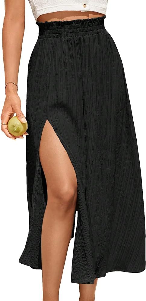 SweatyRocks Women's Casual High Waist Split Thigh Skirts High Waisted Solid Midi Skirts | Amazon (US)