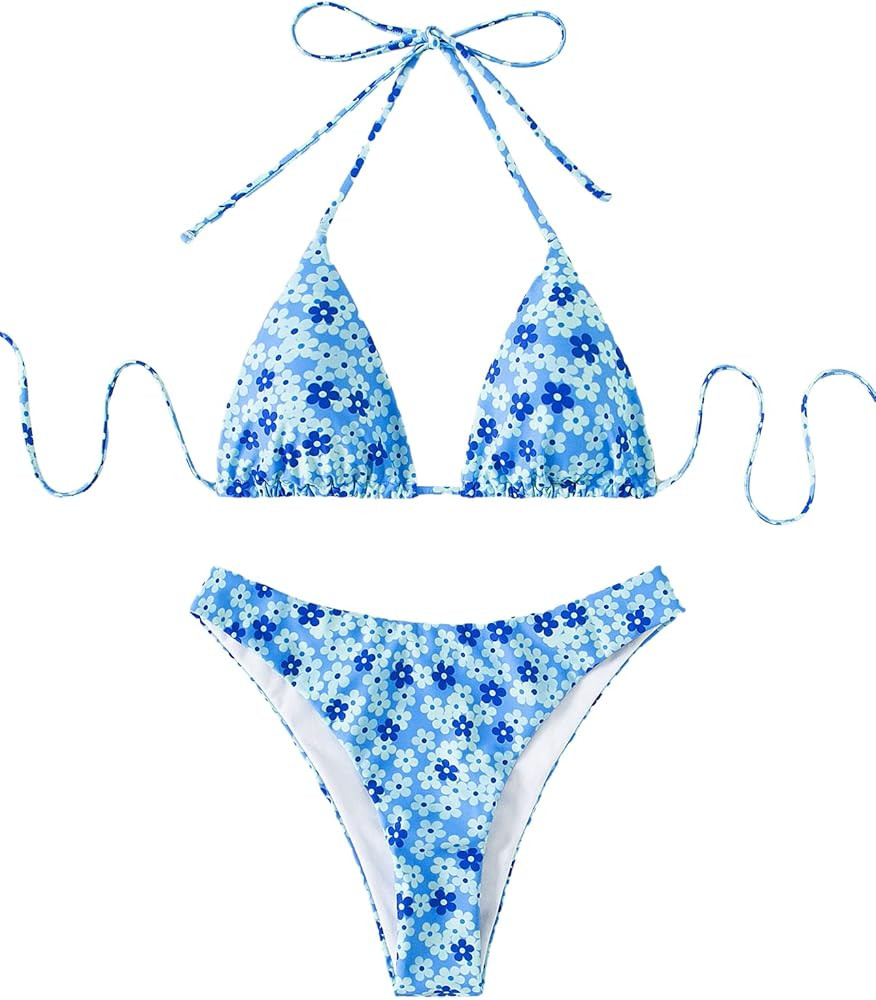 OLY HUX Women's Floral Print Halter Triangle Tie Side Bikini Bathing Suits 2 Piece Swimsuits | Amazon (US)