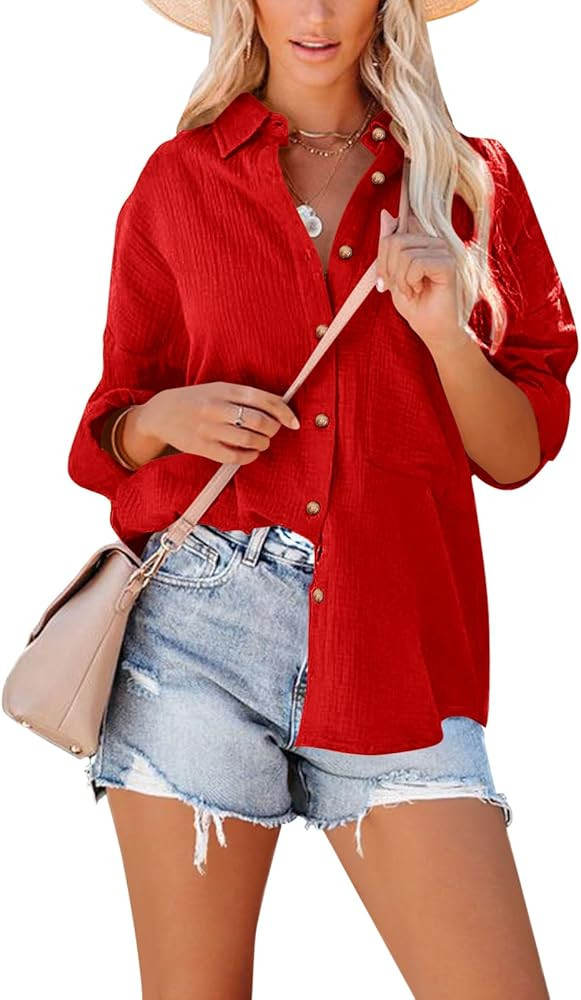 Paintcolors Women's Button Up Shirts Roll-Up Sleeve Cotton Blouses V Neck Casual Tunics Solid Color Tops with Pockets | Amazon (US)