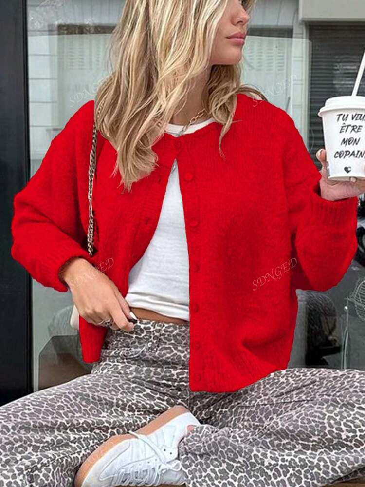 Women Solid Color Front Button Long Sleeve Casual Knitted Cardigan,Long Sleeve Tops | SHEIN