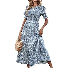 BTFBM Women Casual Summer Dresses 2023 Spring Crew Neck Ruffle Short Sleeve Floral Leopard Smocke... | Amazon (US)