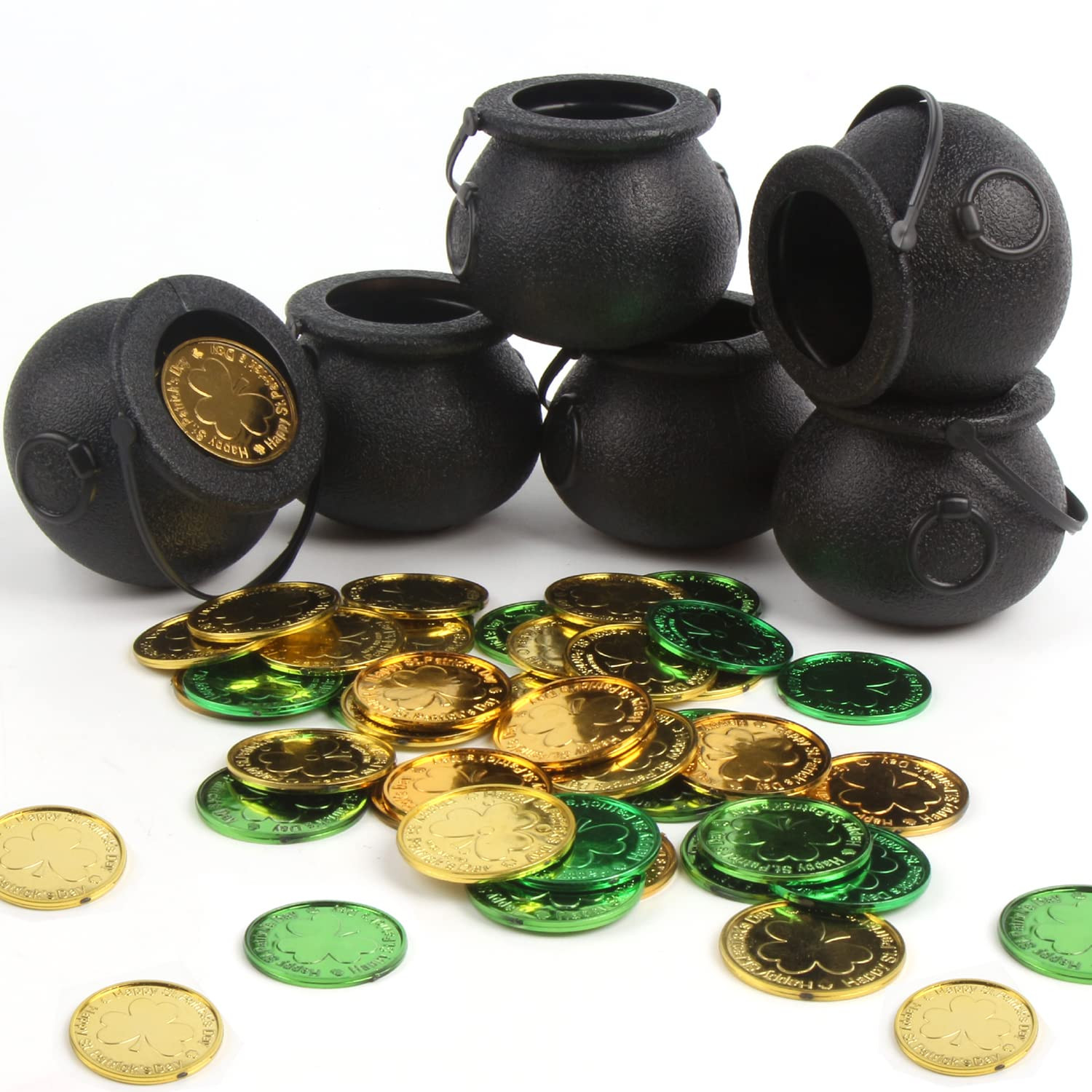 FOIMAS Mini Black Cauldron,6pcs Plastic Candy Kettle with 72pcs Shamrock Coins for St Patrick's D... | Amazon (US)