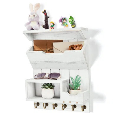 Key And Mail Holder For Wall Decorative, Key And Mail Holder For Wall With 6 Key Hooks, Key Racks For Rustic Home Decor, Paulownia Wood Vintage White | Wayfair North America