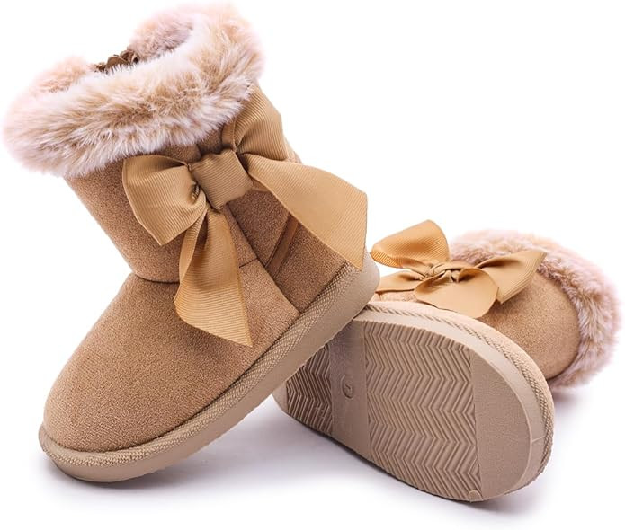 Girls’ Suede Bow Winter Boots, Faux-Fur Lined Snow Boot with Side-Zip, Lightweight Anti-Slip TP... | Amazon (US)