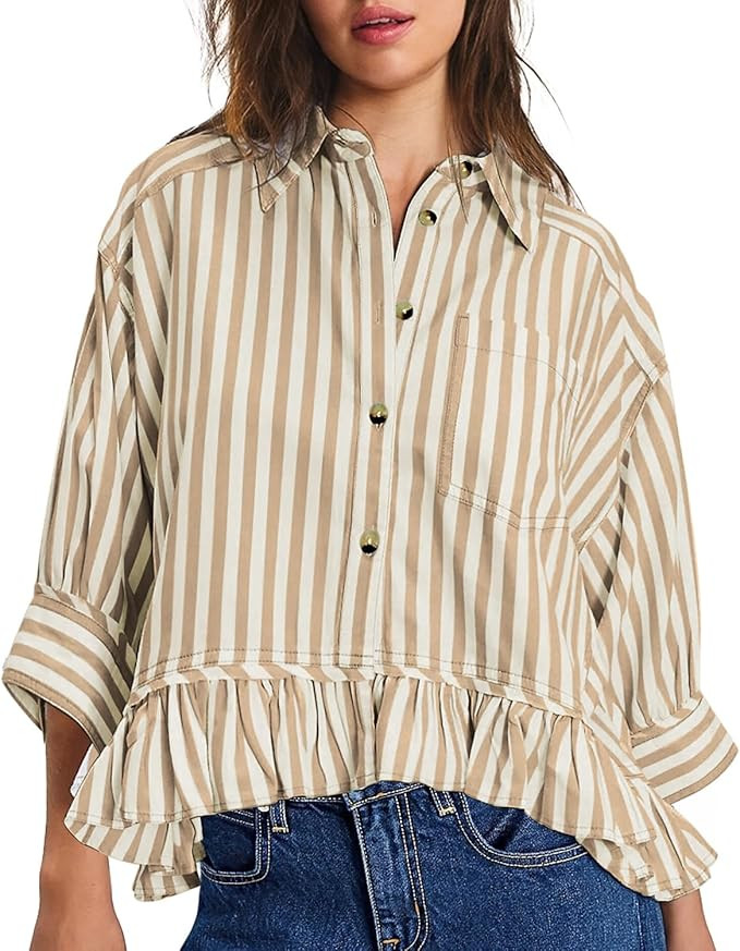 CHYRII Womens Summer Tops Dressy Casual Blouse Top Ruffled Short Sleeve Button Down Striped Shirt | Amazon (US)