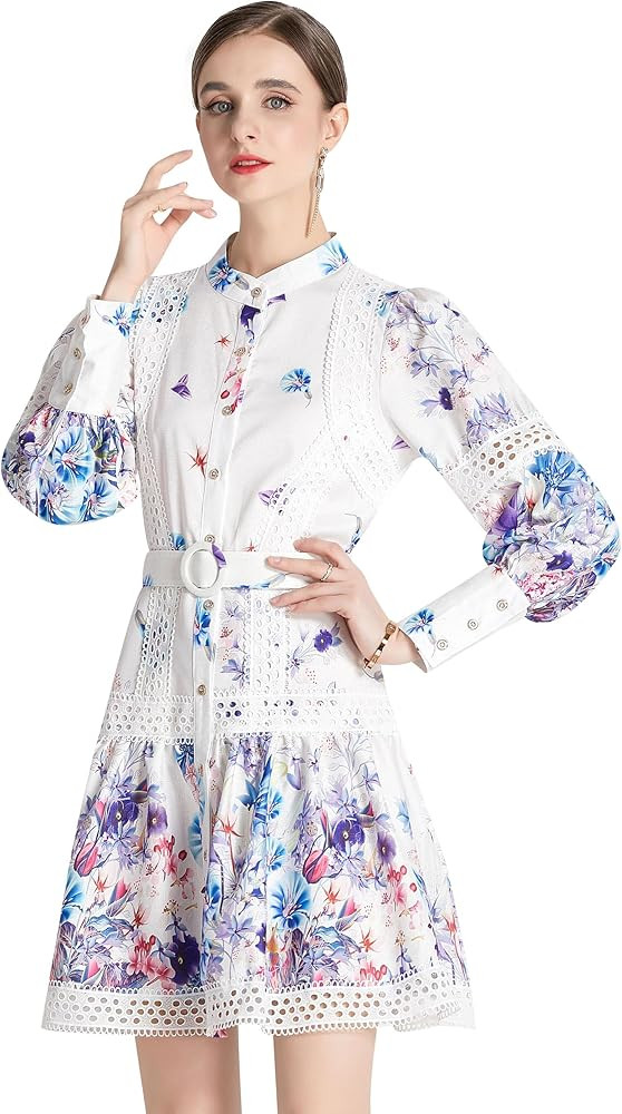 LAI MENG FIVE CATS Women's Summer Puff Sleeve V-Neck Floral Print Casual Swing Mini Dress(Suitabl... | Amazon (US)