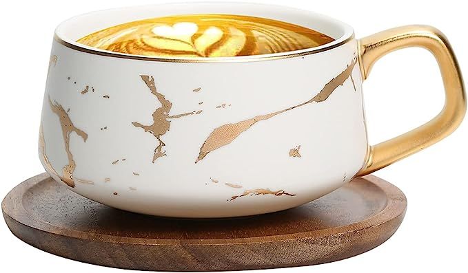 ENJOHOS 10 Oz Ceramic Tea Cup Coffee Cup Set with Wooden Saucer European Golden Hand Cup Saucer S... | Amazon (US)
