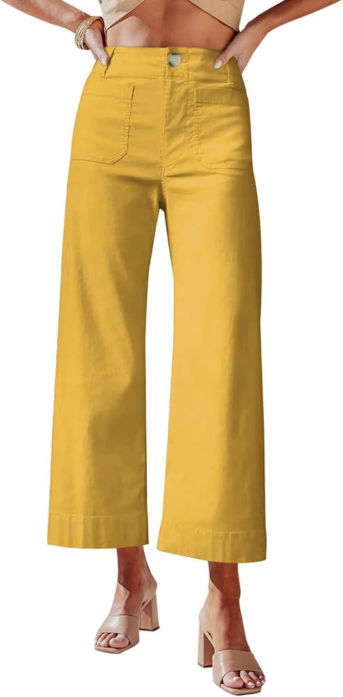miduo Womens High Waisted Cropped Wide Leg Stretchy Straight Pants Trousers with Pockets | Amazon (US)