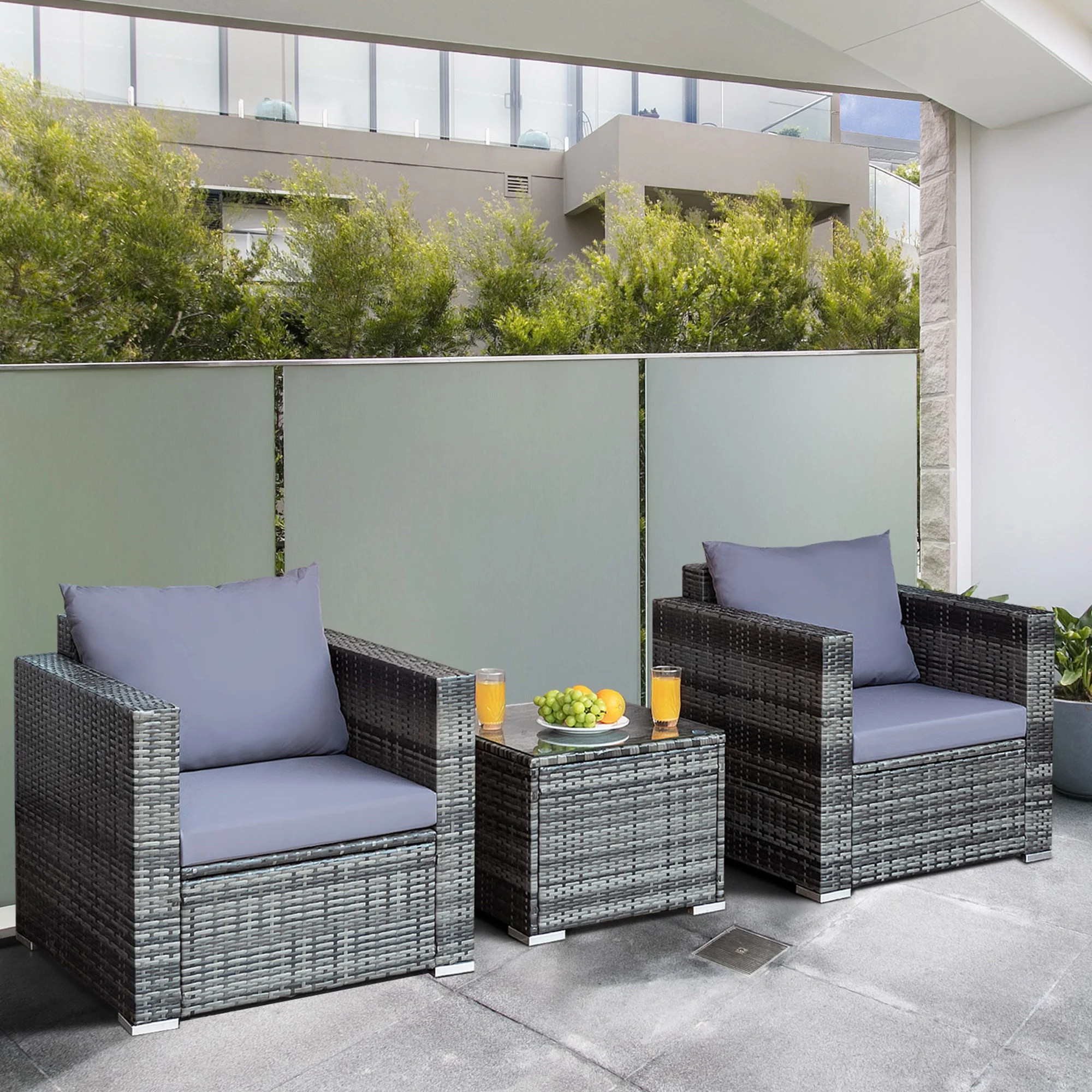 Gymax 3 Pieces Rattan Patio Conversation Set Outdoor Furniture with Table Cushion | Walmart (US)