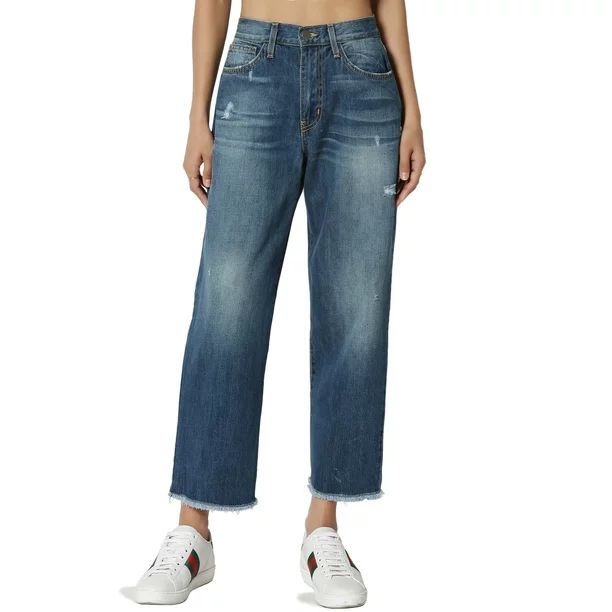 TheMogan Women's Boyfriend Washed Mid Rise Loose Fit Straight Leg Cropped Jeans | Walmart (US)