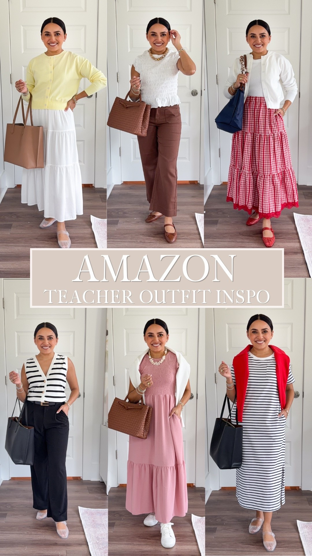 Amazon Teacher Outfits
For reference: I’m 5’0, petite, 32b bra size, and 2/26 in bottoms, pear shaped. 
*Everything I share is unaltered! TTS means true to size. Between size 5-6.5 in shoes

Yellow cardigan size small TTS
White maxi skirt size small TTS
Clear jelly flats size 5 TTS

White top size small TTS
Brown pants size small TTS
Brown flats are old from Quince, similar linked

White cardigan size small TTS
White tank size xs petite TTS
Red gingham skirt size small TTS
Red jelly flats size 5 TTS

Black stripe vest size xs TTS
Black pants size xs TTS
Clear jelly flats size 5 TTS

Pink dress size xs TTS
White sneakers size 6.5 TTS

Black stripe dress size small TTS
Clear jelly flats size 5 TTS


Back to school 
Affordable outfits
Workwear
Office casual
Business casual
Smart casual

#LTKPetite #LTKootd #LTKWorkwear

https://liketk.it/6jlos

#LTKPetite #LTKootd #LTKWorkwear