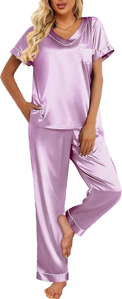 Ekouaer Satin Pajamas for Women Short Sleeve Silk Pajama Sets Soft Sleepwear Top with Causal Long... | Amazon (US)