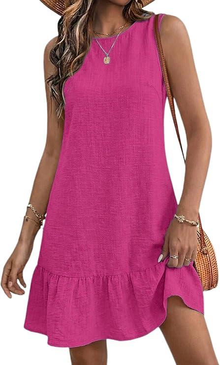 Halife Womens Casual Summer Dresses Tie Back Crew Neck Sleeveless Tank Mini Dress Ruffle Hem Flow... | Amazon (US)
