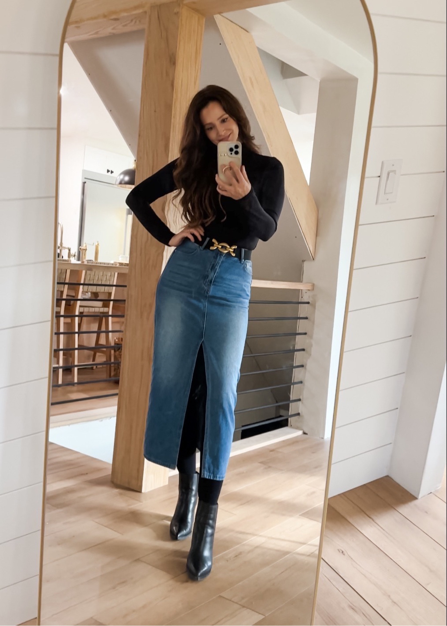 Shop black jean skirt outfit long sleeve Store