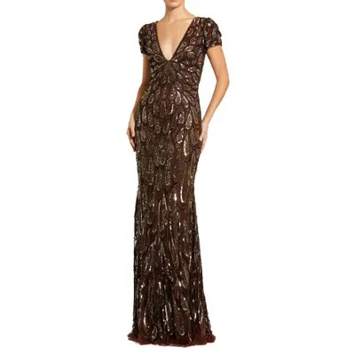 Mac Duggal Flutter Sleeve Faux Wrap V-Neck Embellished Tea Length Dress in Chocolate at Nordstrom, Size 12 | Nordstrom