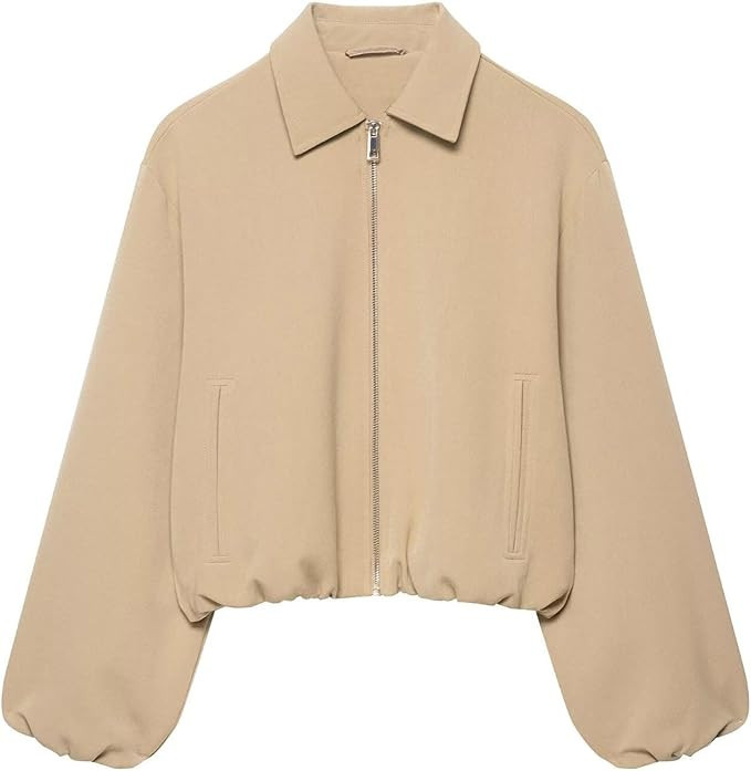 Xunger Women’s Cropped Bomber Jacket Puffed Sleeves Zip Up Trendy Casual Streetwear Outerwear w... | Amazon (US)