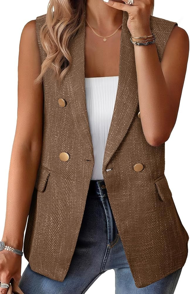 Happy Sailed Women’s Vest Tops Fall Winter Sleeveless Tweed Blazer Jackets Double Breasted Work... | Amazon (US)