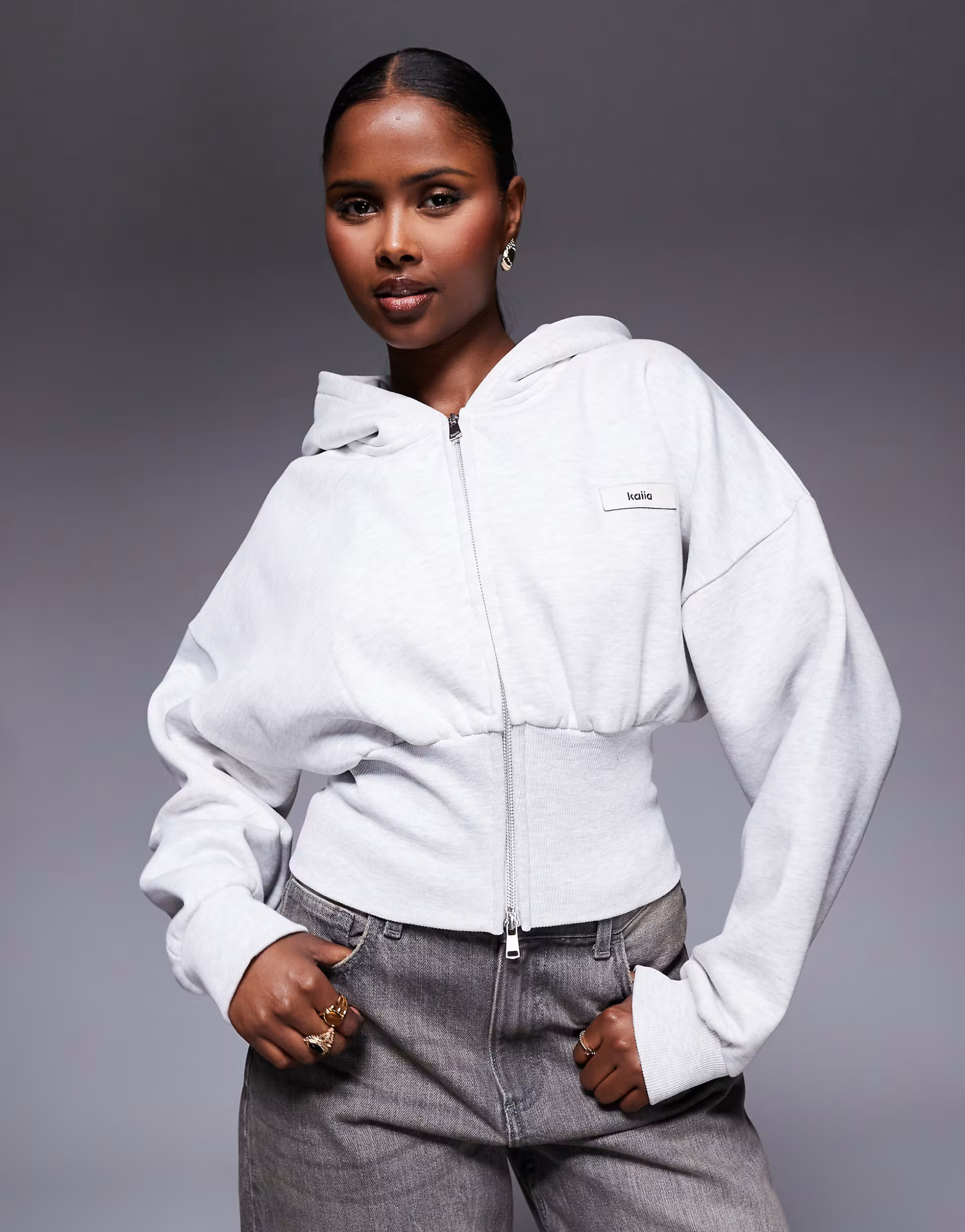 Kaiia cotton rich cinched waistband drop shoulder zip through hoodie in light gray | ASOS (Global)