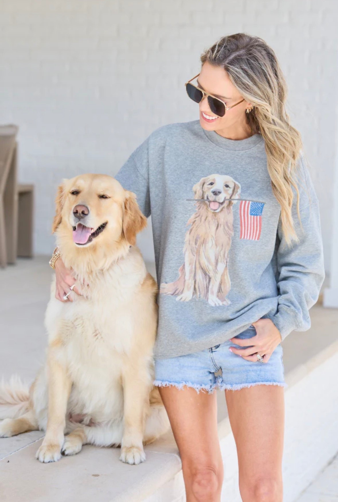 Pink Lily, American flag with golden retriever, gray sweatshirt. Crewneck from pink Lily. Dog lover gift. Fourth of July. Sale for this weekend. America. 

#LTKSeasonal #LTKSaleAlert #LTKmomlife