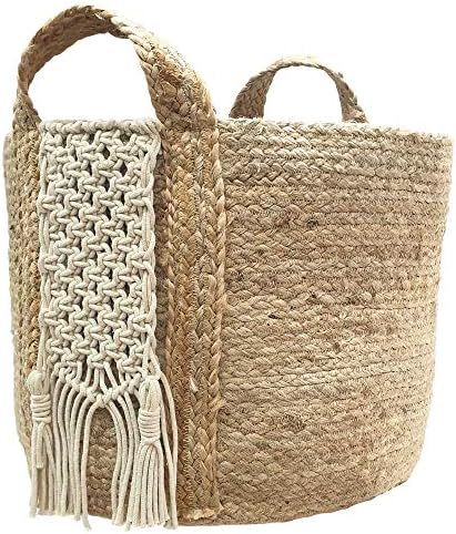 Jute and Macramé Storage Basket with Handles for Plants, Throw Blankets, Towels or Baby Toys –... | Amazon (US)