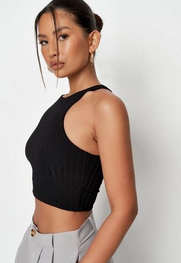 Missguided - Black Rib Slinky Racer Front Crop Top | Missguided (US & CA)