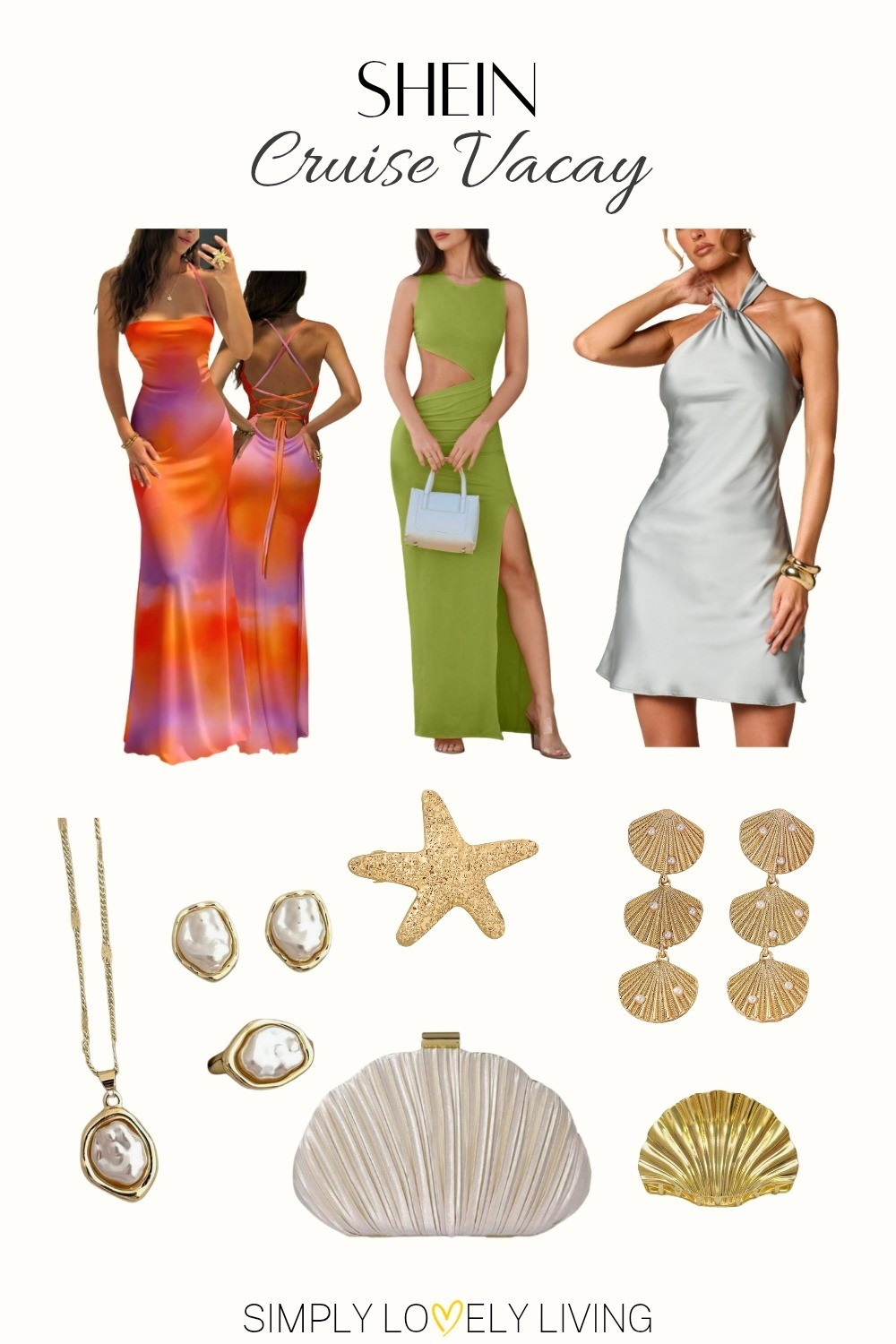 Shein Cruise Vacay evening dresses. Maxi dress. Cut-out dress. Halter dress. Bare back dress. Sea shell purse. Sea shell earrings. Sea shell hair clip. Starfish hair clip. Pearl jewelry set. #shein #cruise 

#LTKTravel