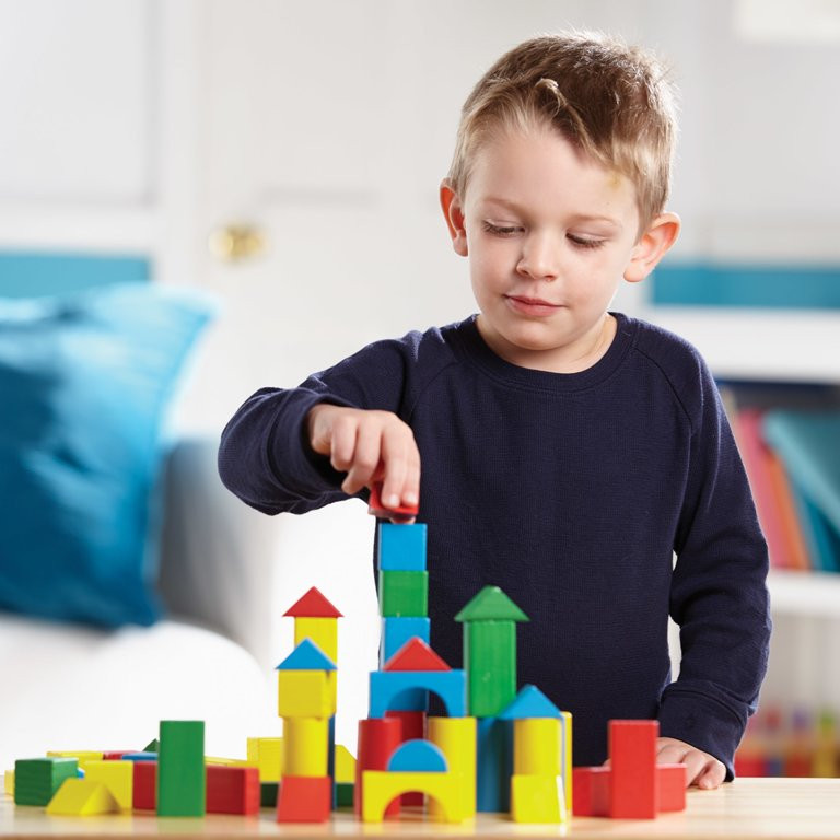 Melissa & Doug Wooden Building Set - 100 Blocks in 4 Colors and 9 Shapes, For Kids 2+ | Walmart (US)