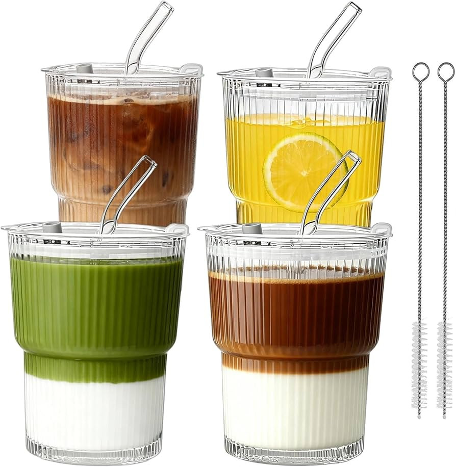 Ribbed Glass Tumbler with Lid and Straws, Resuable Ice Coffee Cups, To Go Iced Coffee Cups for Wa... | Amazon (US)