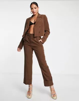 Vero Moda Tall Aware tailored cropped blazer and turn-up pants set in brown | ASOS (Global)