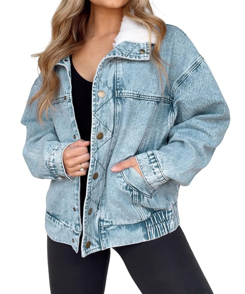 Kedera Womens Sherpa Collar Oversized Denim Jacket Boyfriend Jean Coat Jeans Trucker Bomber Jacke... | Amazon (US)