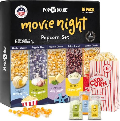 Pop n' Dulge Popcorn Movie Night Supplies 16 pcs Gift Set, 5 Gourmet Popcorn Kernels, 5 Seasoning... | Amazon (US)