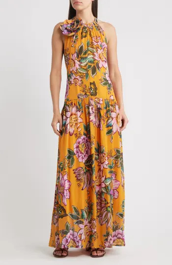 FARM Rio Wonderful Bouquet Halter Maxi Dress in Orange at Nordstrom Rack, Size X-Large | Nordstrom Rack