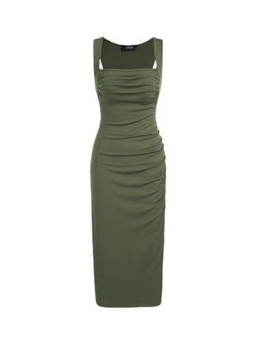 CIDER Women Midi Dress Bodycon Square Neck Sleeveless Ruched Sexy Cocktail Party Going Out Dresses Green | Amazon (US)