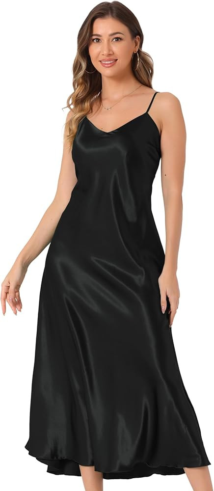 Allegra K Satin Sleeveless Long Dresses for Women's V Neck Spaghetti Strap Evening Party Silky Ma... | Amazon (US)
