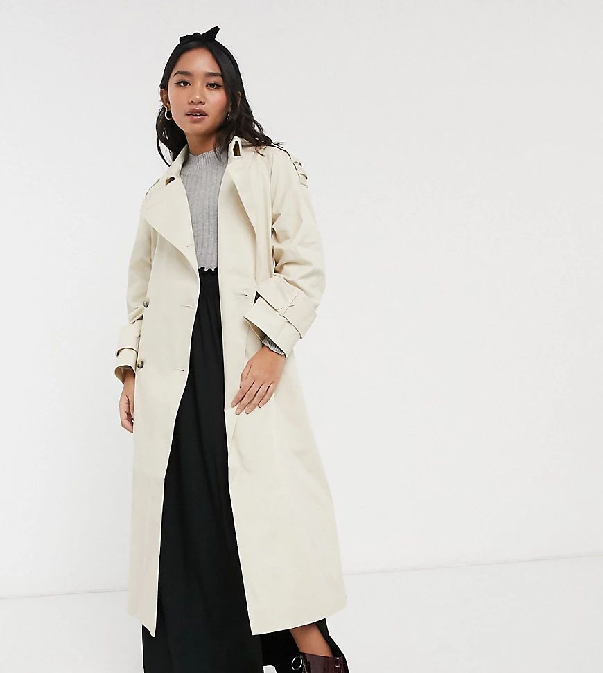 ASOS DESIGN Petite longline trench coat in stone-White | ASOS (Global)