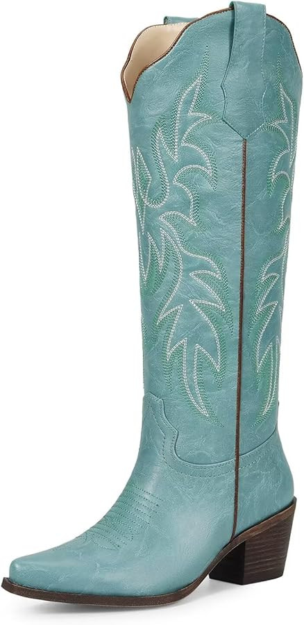 wetkiss Cowboy Boots for Women Knee High Cowgirl Boots with Chunky Low Heel and Pointed Toe, Wome... | Amazon (US)