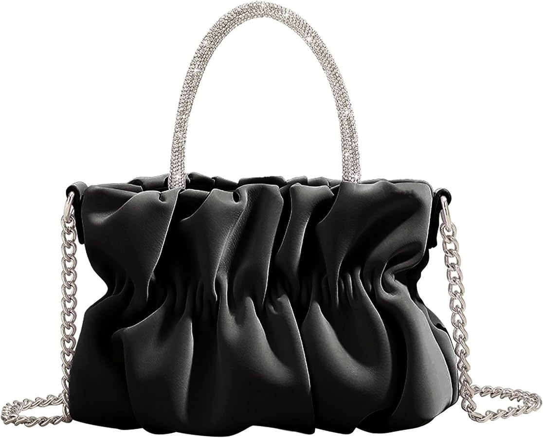 Women Evening Purse Handbags Rhinestone Handle Soft Leather Ruched Bag Bridal Clutch Wedding Part... | Amazon (US)